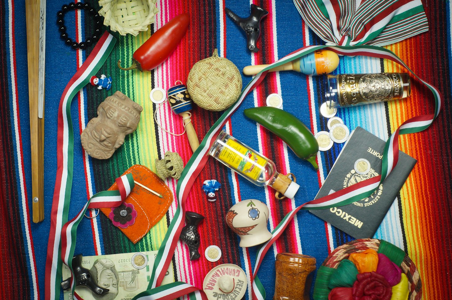 Objetos culturales mexicanos dispuestos sobre un sarape a rayas.